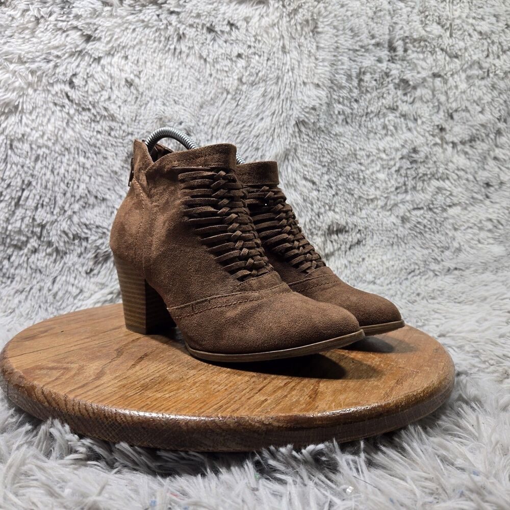 Fergalicious Chelly Braided Ankle Booties Womens Size 8.5M Brown Bohemian Suede
